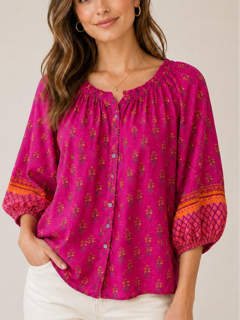 Sundance Meera Magenta Pink Block Floral Button Front Puff Sleeve Shirt SZ Large